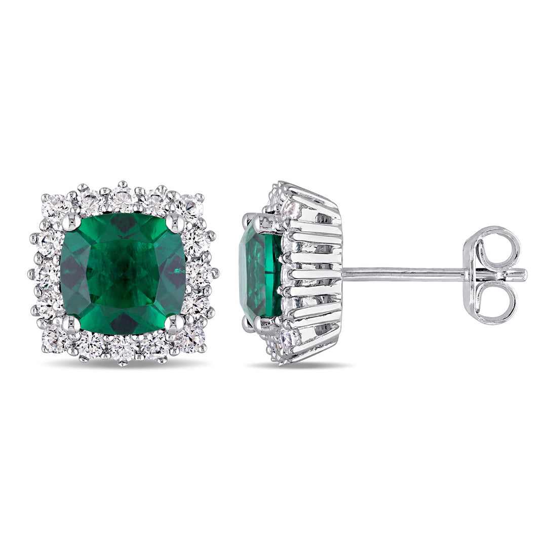 4.30 Carat (ctw) Lab-Created Emerald and White Sapphire Halo Earrings in Sterling Silver Image 1