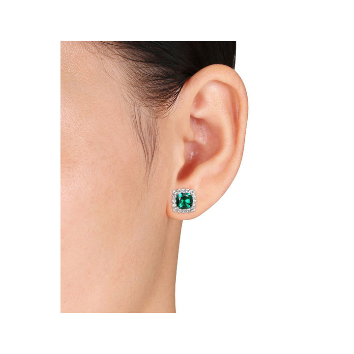 4.30 Carat (ctw) Lab-Created Emerald and White Sapphire Halo Earrings in Sterling Silver Image 4