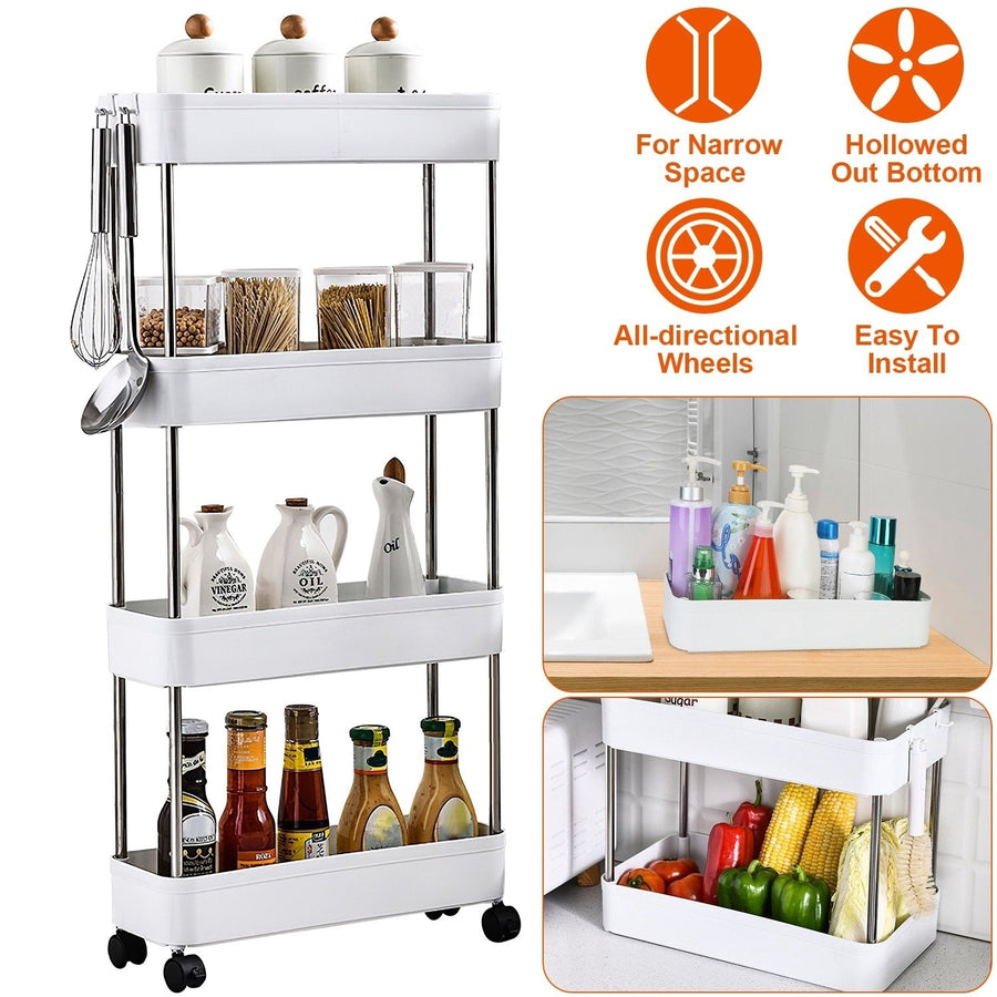 4 Tier Slim Storage Cart White Rolling Trolley with Wheels Narrow Organization Image 1