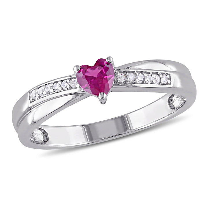 1/3 Carat (ctw) Lab-Created Ruby Heart Ring in Sterling Silver with Accent Diamonds Image 1