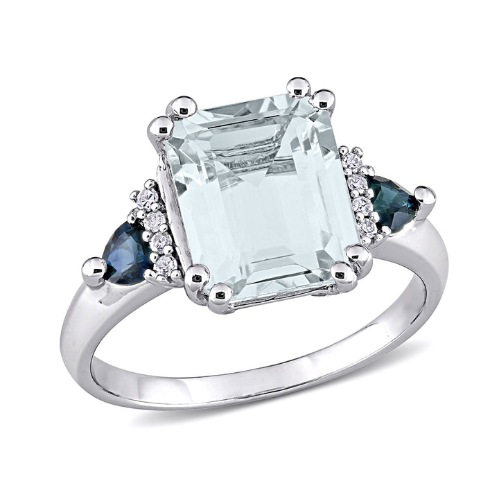3 1/3 Carat (ctw) Aquamarine and Blue Sapphire Ring in Sterling Silver with Accent Diamonds Image 1