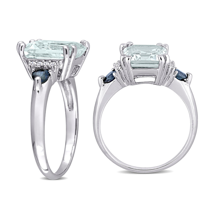 3 1/3 Carat (ctw) Aquamarine and Blue Sapphire Ring in Sterling Silver with Accent Diamonds Image 4