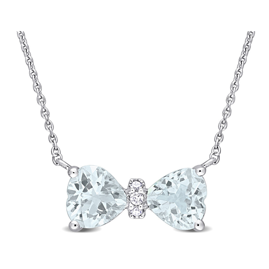 7/10 Carat (ctw) Aquamarine Heart Bow Pendant Necklace in 10K White Gold with Chain Image 1
