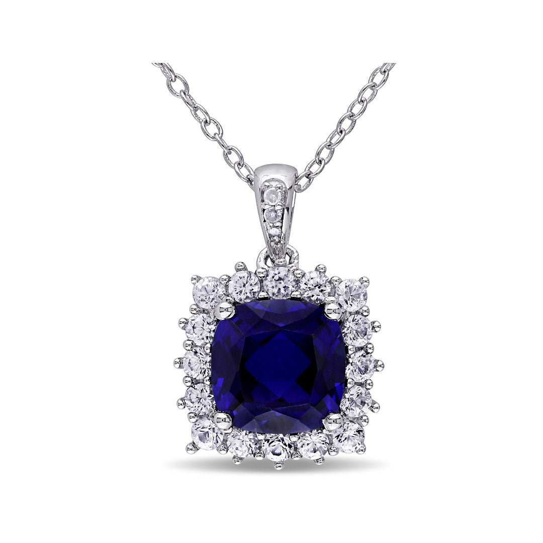 3.70 Carat (ctw) Lab-Created Blue and White Sapphire Pendant Necklace in Sterling Silver with Chain Image 1