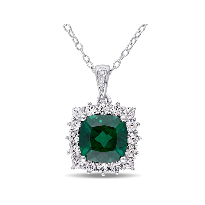 2.40 Carat (ctw) Lab-Created Emerald and White Sapphire Halo Pendant Necklace in Sterling Silver with Chain Image 1