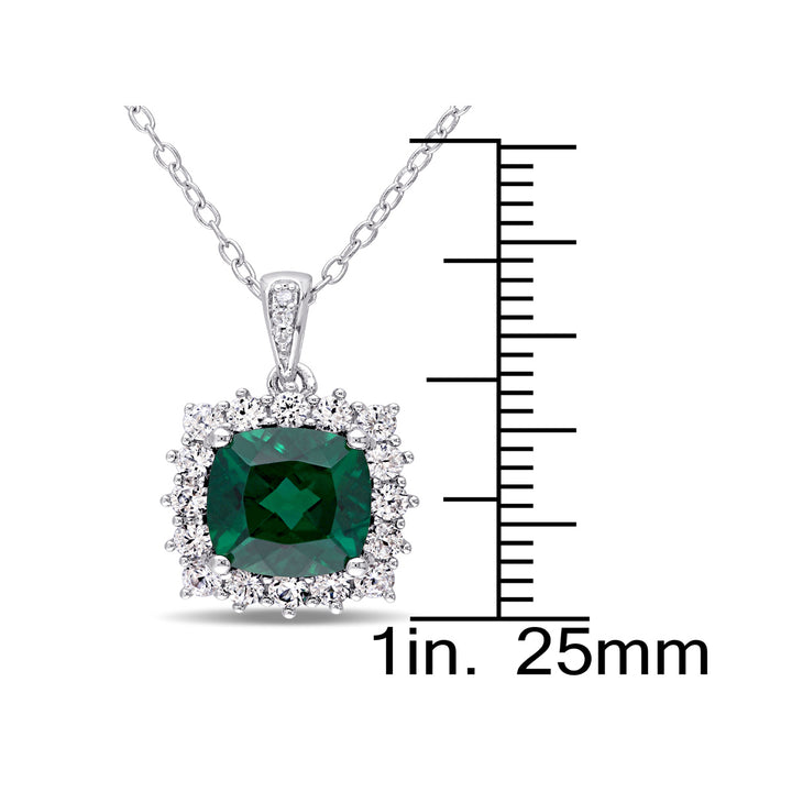 2.40 Carat (ctw) Lab-Created Emerald and White Sapphire Halo Pendant Necklace in Sterling Silver with Chain Image 2