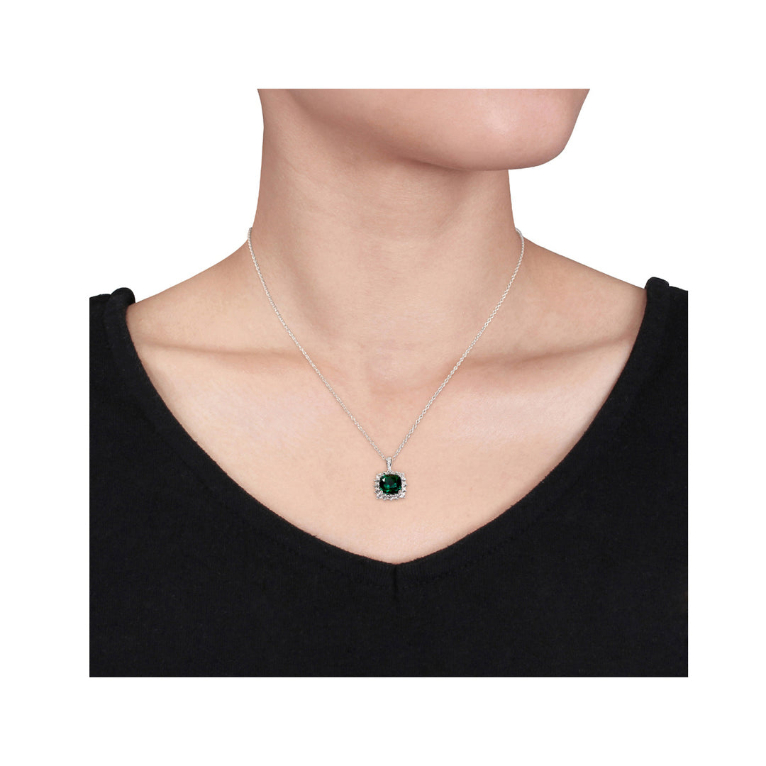 2.40 Carat (ctw) Lab-Created Emerald and White Sapphire Halo Pendant Necklace in Sterling Silver with Chain Image 4