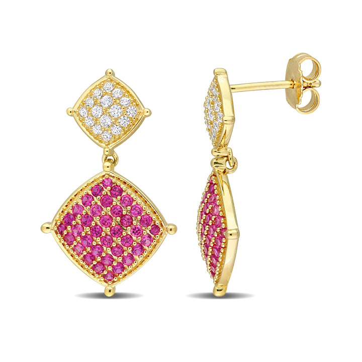 1.75 Carat (ctw) Lab-Created Ruby and White Sapphire Dangle Earrings in Yellow Plated Sterling Silver Image 1