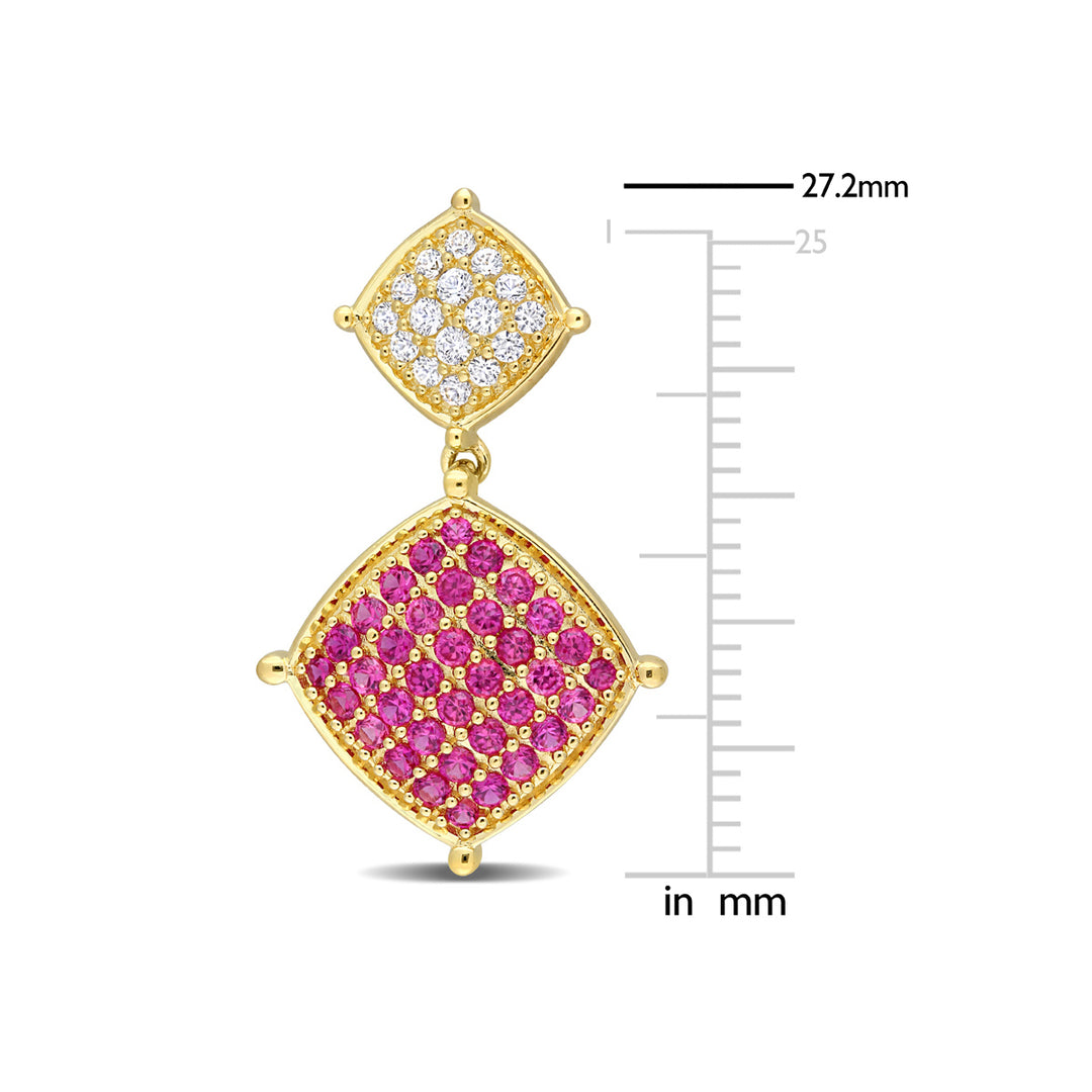 1.75 Carat (ctw) Lab-Created Ruby and White Sapphire Dangle Earrings in Yellow Plated Sterling Silver Image 3