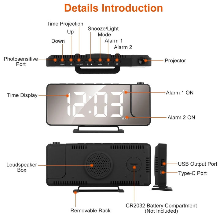 LED Projection Alarm Clock Dual Alarms USB Charging 6 Dimmer 7.7in Black Image 2