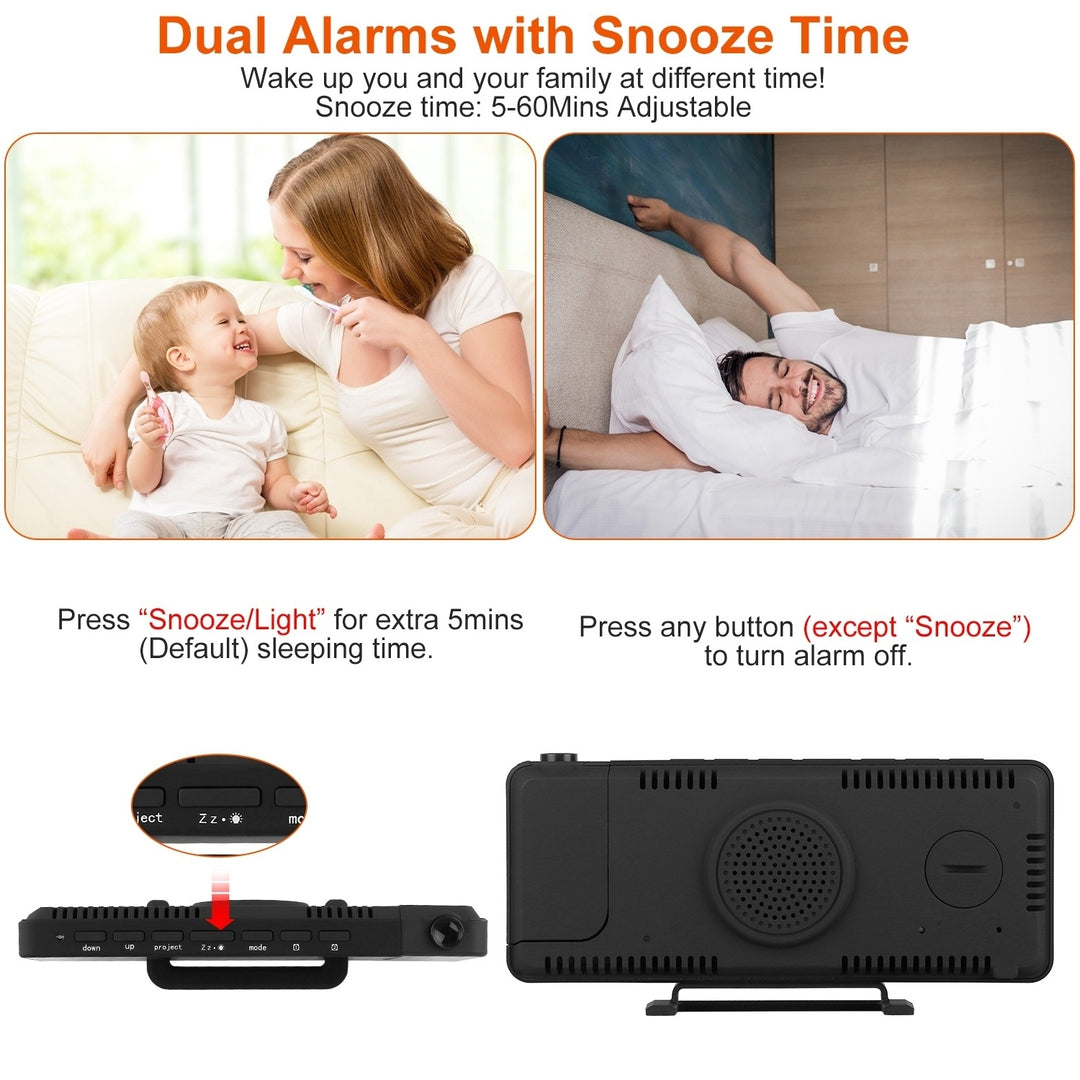 LED Projection Alarm Clock Dual Alarms USB Charging 6 Dimmer 7.7in Black Image 4