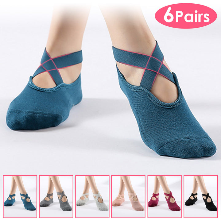 6 Packs Women Yoga Socks with Straps Non Slip Grips for Pilates Pure Hospital Walking Dance Indoor Image 1