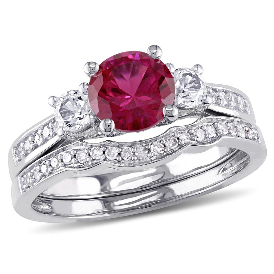 1 1/3 Carat (ctw) Lab-Created Ruby and White Sapphire with Diamond Bridal Wedding Set Engagement Ring 10K White Gold Image 1