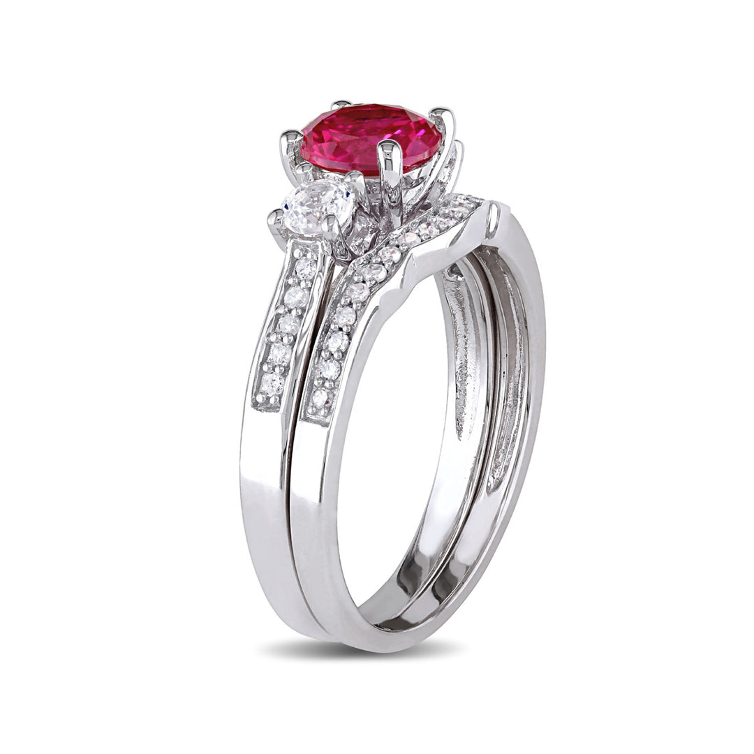 1 1/3 Carat (ctw) Lab-Created Ruby and White Sapphire with Diamond Bridal Wedding Set Engagement Ring 10K White Gold Image 2