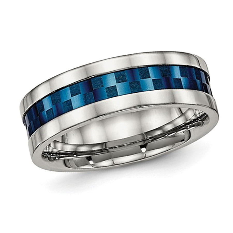 Mens or Ladies Blue IP Plated Stainless Steel Checkered Band Ring (7mm) Image 1