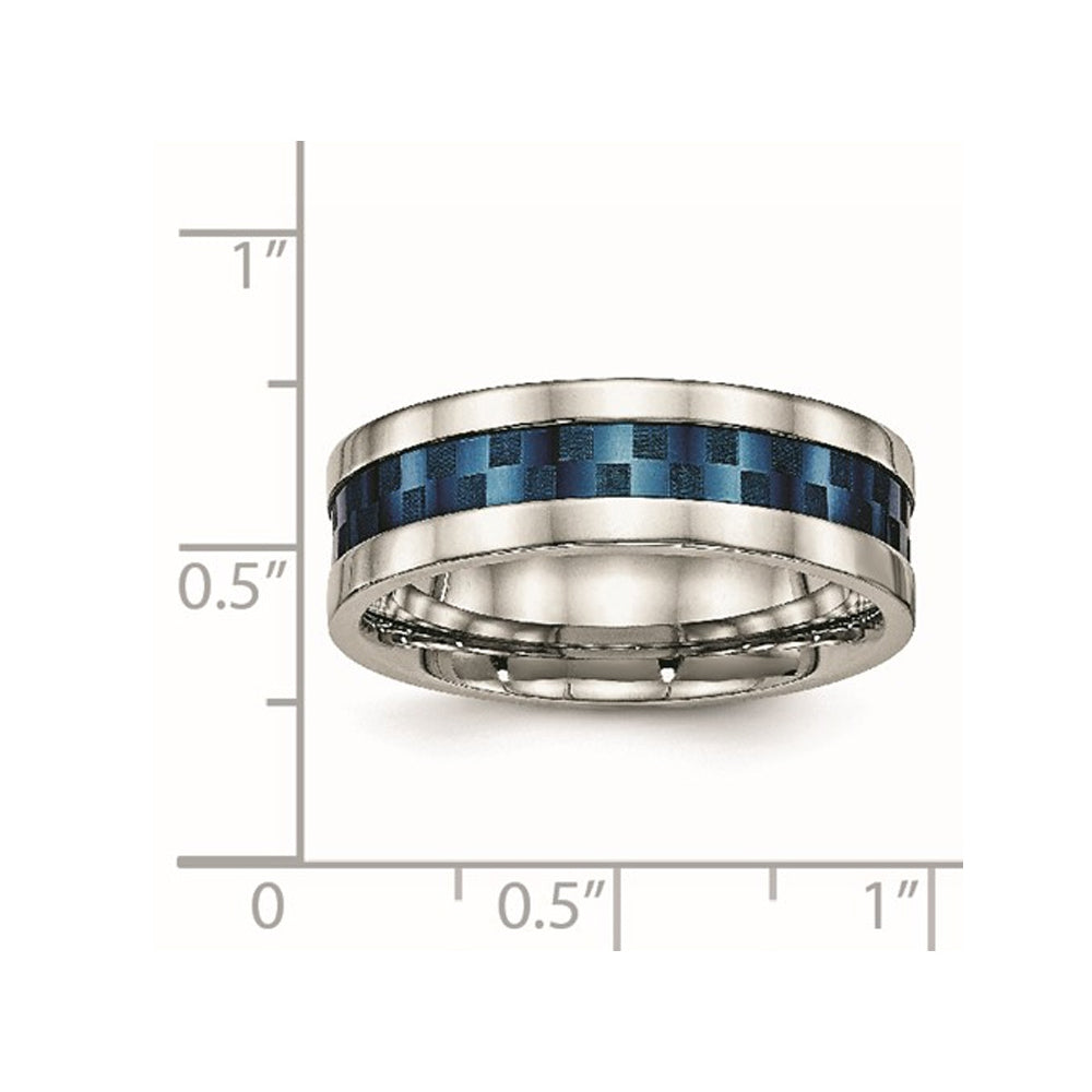 Mens or Ladies Blue IP Plated Stainless Steel Checkered Band Ring (7mm) Image 3