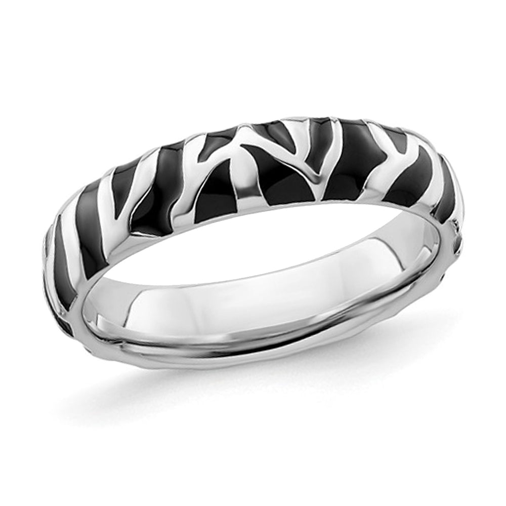 Sterling Silver Polished Black Enameled Animal Print Band Ring Image 1
