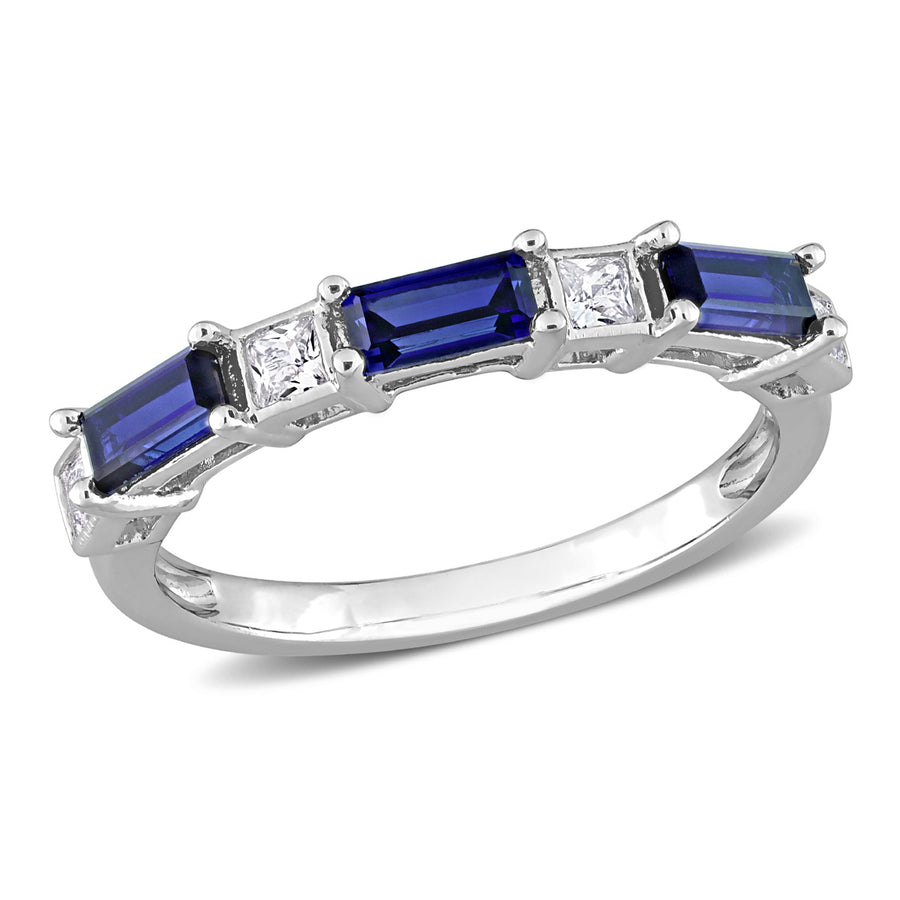 1.40 Carat (ctw) Lab-Created Blue and White Sapphire Baguette Ring Band in Sterling Silver Image 1
