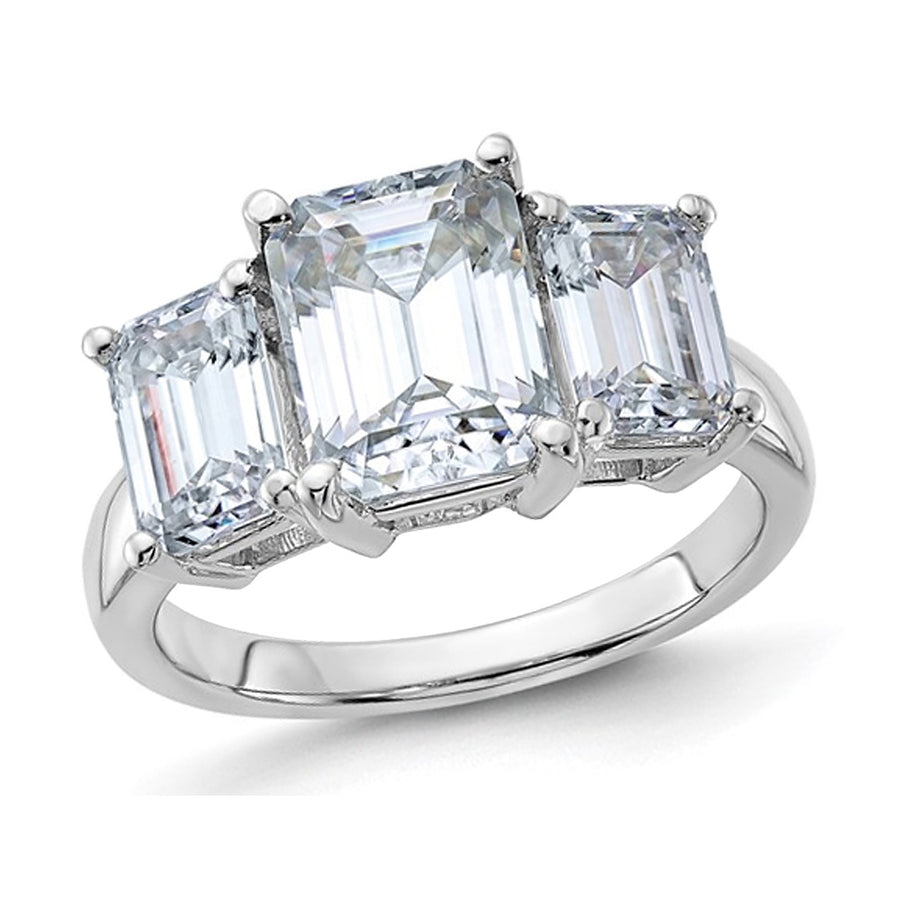 4.19 Carat (ctw) Synthetic Moissanite Three-Stone Emerald-Cut Ring in 14K White Gold Image 1