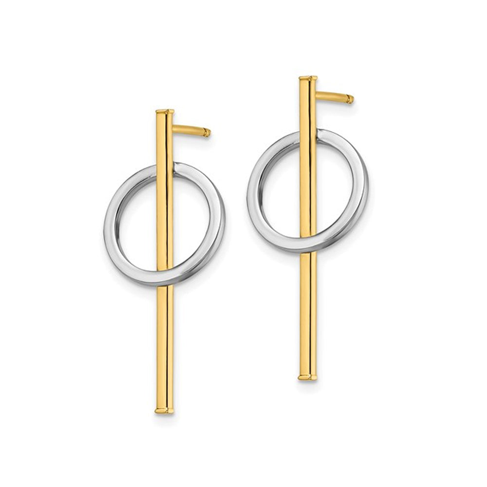 14K Yellow and White Gold Circle Stick Dangle Earrings Image 2