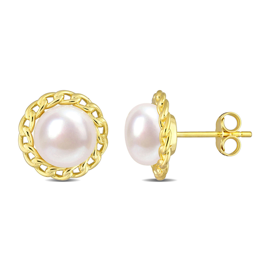 8-8.5mm White Freshwater Cultured Pearl  Stud Earrings in Yellow Plated Sterling Silver Image 1