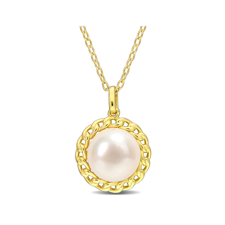 9mm White Freshwater Pearl Pendant Necklace in Yellow Plated Sterling Silver with Chain Image 1
