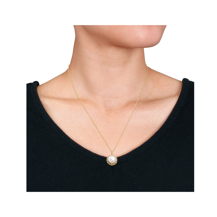 9mm White Freshwater Pearl Pendant Necklace in Yellow Plated Sterling Silver with Chain Image 2