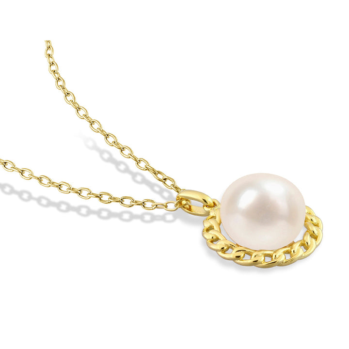 9mm White Freshwater Pearl Pendant Necklace in Yellow Plated Sterling Silver with Chain Image 3
