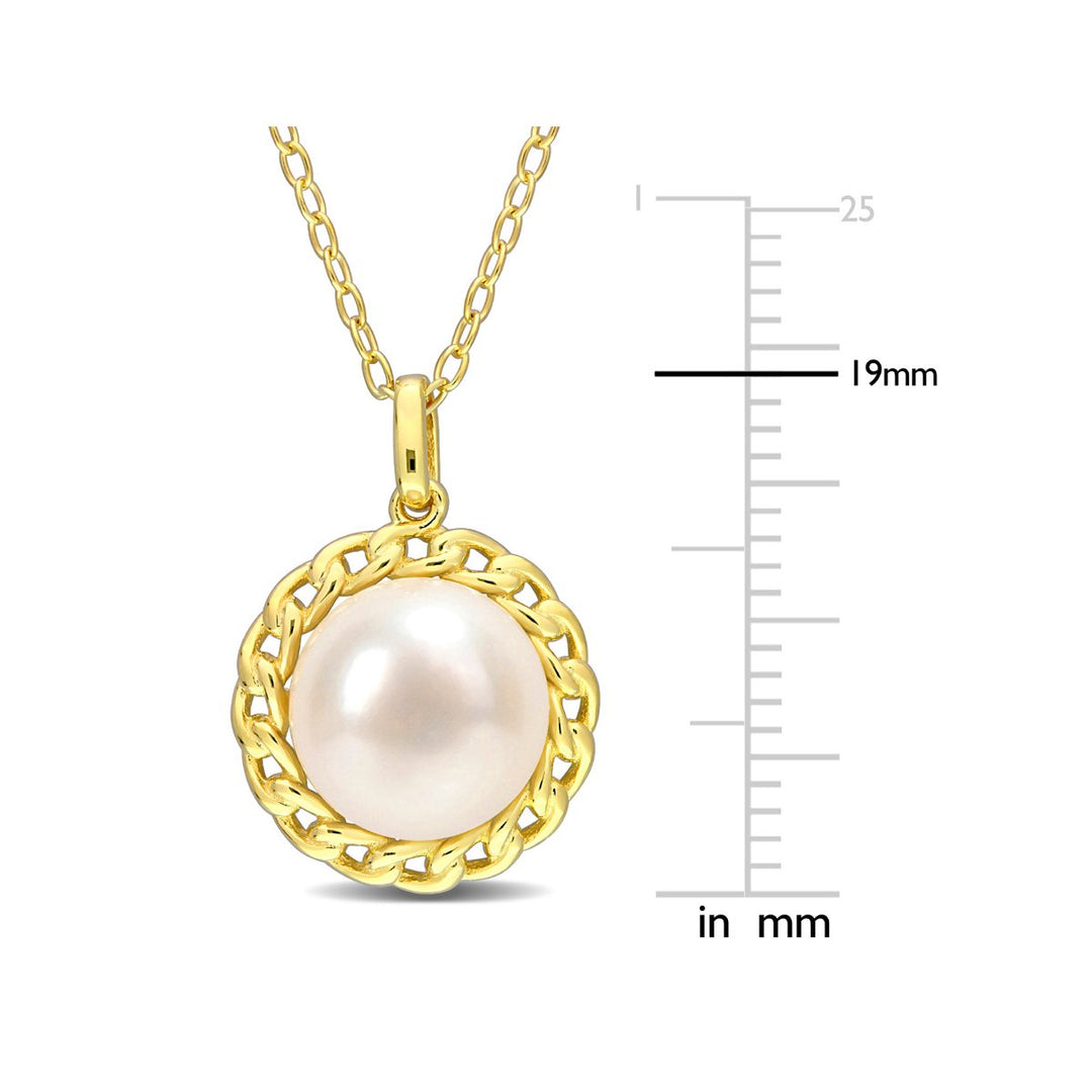 9mm White Freshwater Pearl Pendant Necklace in Yellow Plated Sterling Silver with Chain Image 4