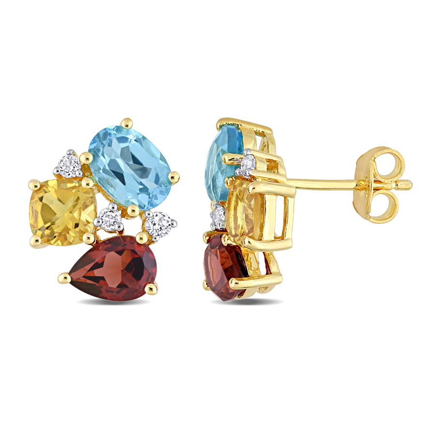 4.90 Carat (ctw) Garnet, Blue Topaz and Citrine Button Earrings in Yellow Plated Sterling Silver Image 1