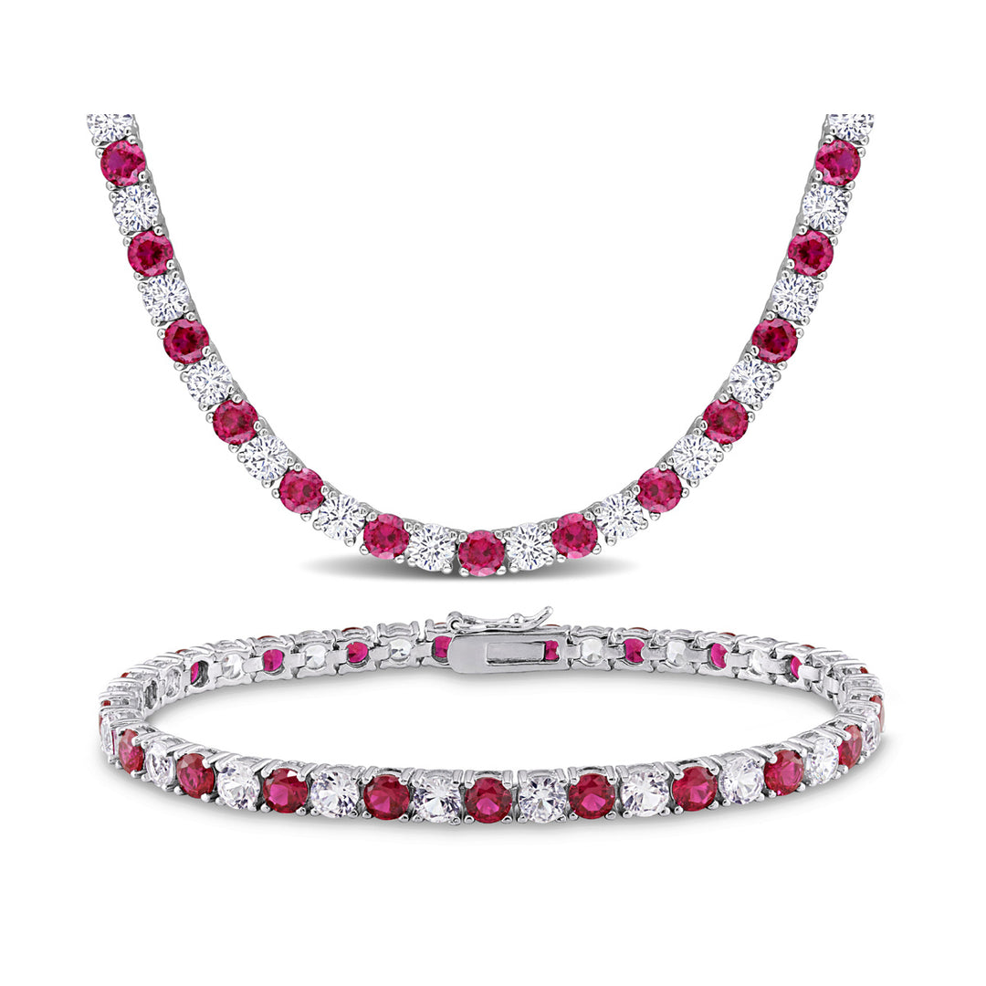 47 Carat (ctw) Lab-Created Ruby and White Sapphire Bracelet and Necklace in Sterling Silver Image 1