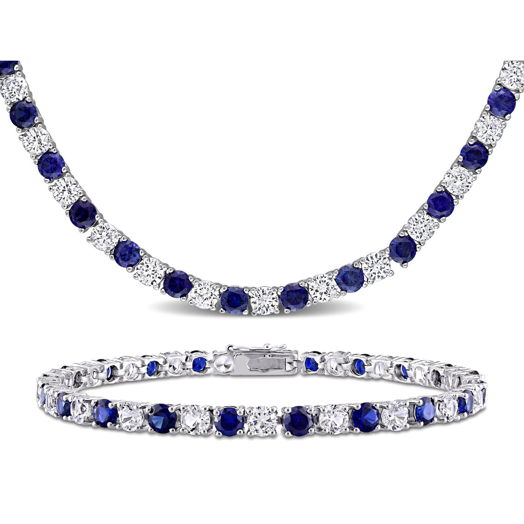47 Carat (ctw) Lab-Created Blue and White Sapphire Bracelet Necklace Set in Sterling Silver Image 1