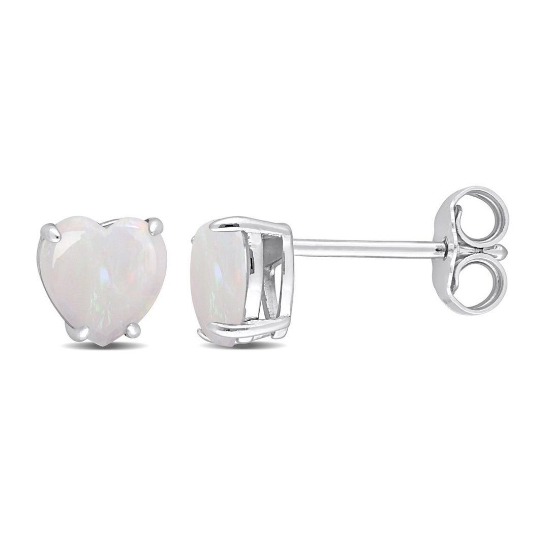1.00 Carat (ctw) Opal Heart Stud Earrings in Sterling Silver Image 1