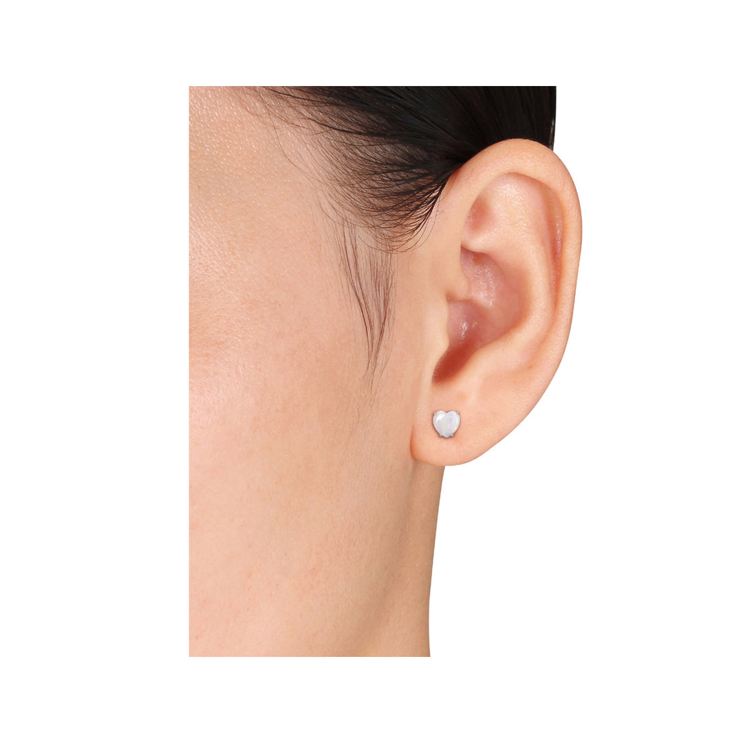 1.00 Carat (ctw) Opal Heart Stud Earrings in Sterling Silver Image 4