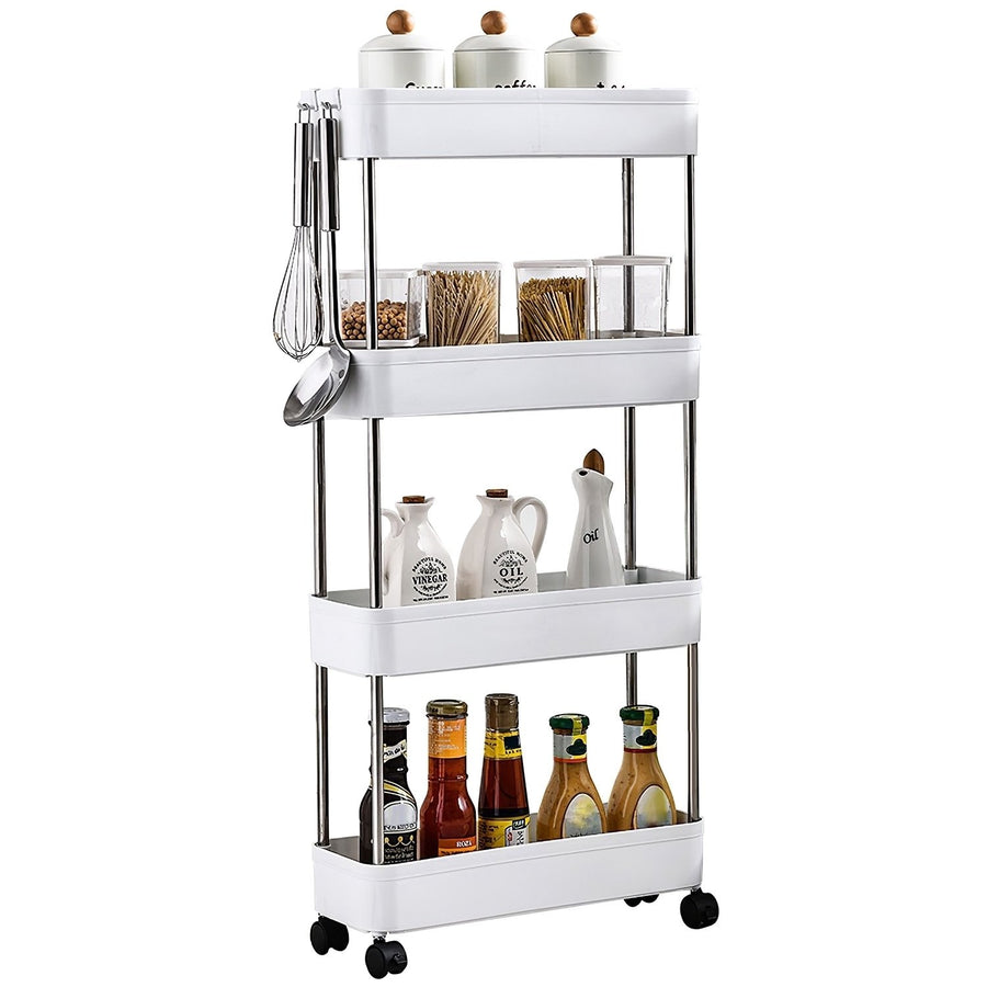 4 Tier Slim Storage Cart with Wheels Narrow Rolling Trolley White Stainless Steel Image 1