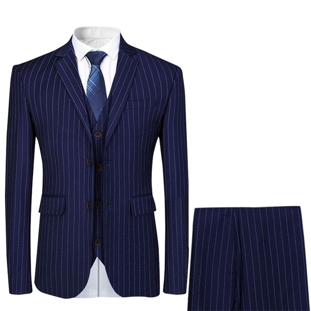 3Pcs Men Slim Fit Suit Business Casual Stripe Long Sleeve Single Breasted Formal Wedding Date Suits Blazer + Vest + Pant Image 2