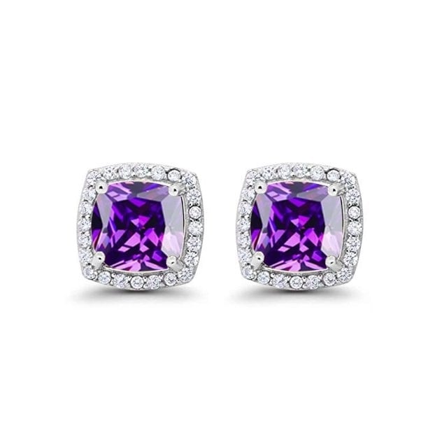 Paris Jewelry 18k White Gold Plated 2 Ct Created Halo Princess Cut Amethyst CZ Stud Earrings Image 2