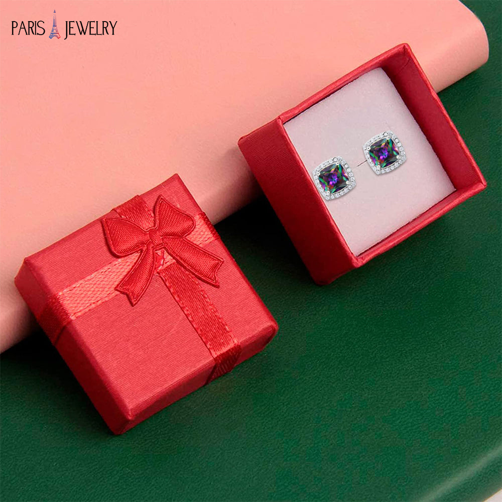 Paris Jewelry 18k White Gold Plated 4 Ct Created Halo Princess Cut Mystic Topaz CZ Stud Earrings Image 2