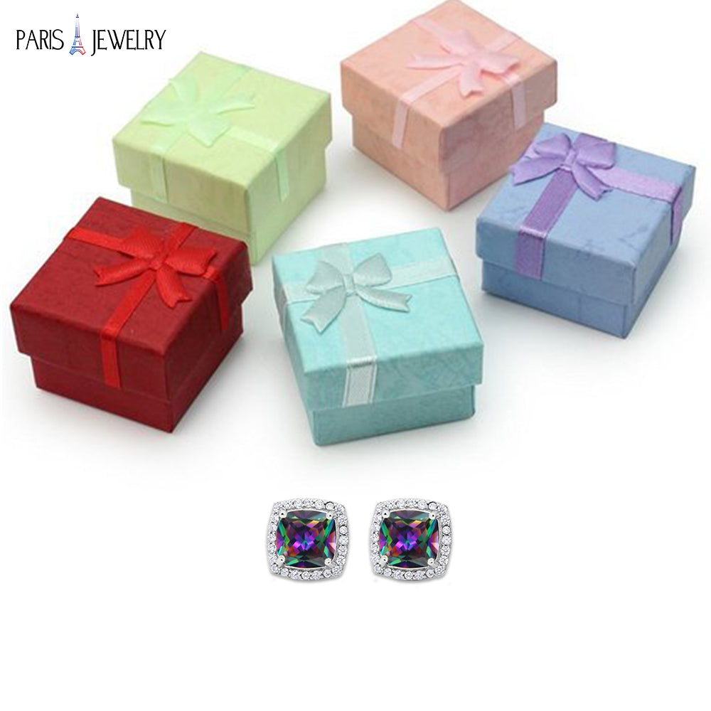 Paris Jewelry 18k White Gold Plated 4 Ct Created Halo Princess Cut Mystic Topaz CZ Stud Earrings Image 3