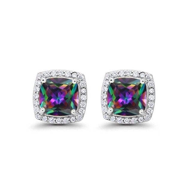 Paris Jewelry 18k White Gold Plated 4 Ct Created Halo Princess Cut Mystic Topaz CZ Stud Earrings Image 1
