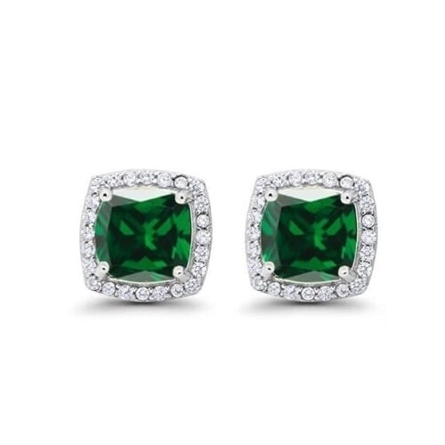 Paris Jewelry 18k White Gold 4 Ct Created Halo Princess Cut Emerald CZ Stud Earrings Plated Image 1