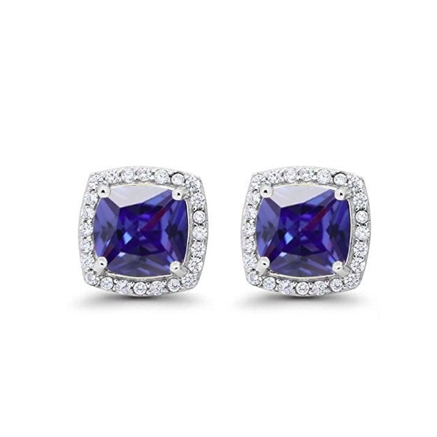 Paris Jewelry 18k White Gold 2 Ct Created Halo Princess Cut Blue Sapphire CZ Stud Earrings Plated Image 1