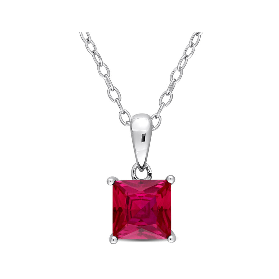 1.45 Carat (ctw) Princess-Cut Lab-Created Ruby Solitaire Pendant Necklace in Sterling Silver with Chain Image 1