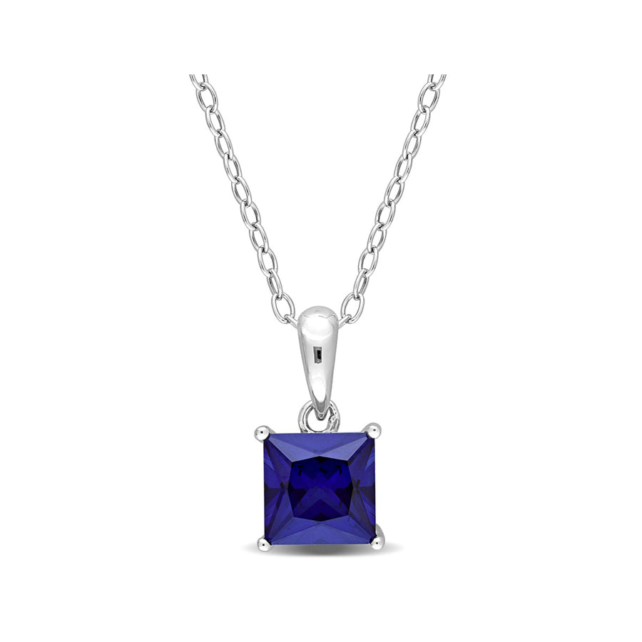1.34 Carat (ctw) Princess-Cut Lab-Created Blue Sapphire Solitaire Pendant Necklace in Sterling Silver with Chain Image 1