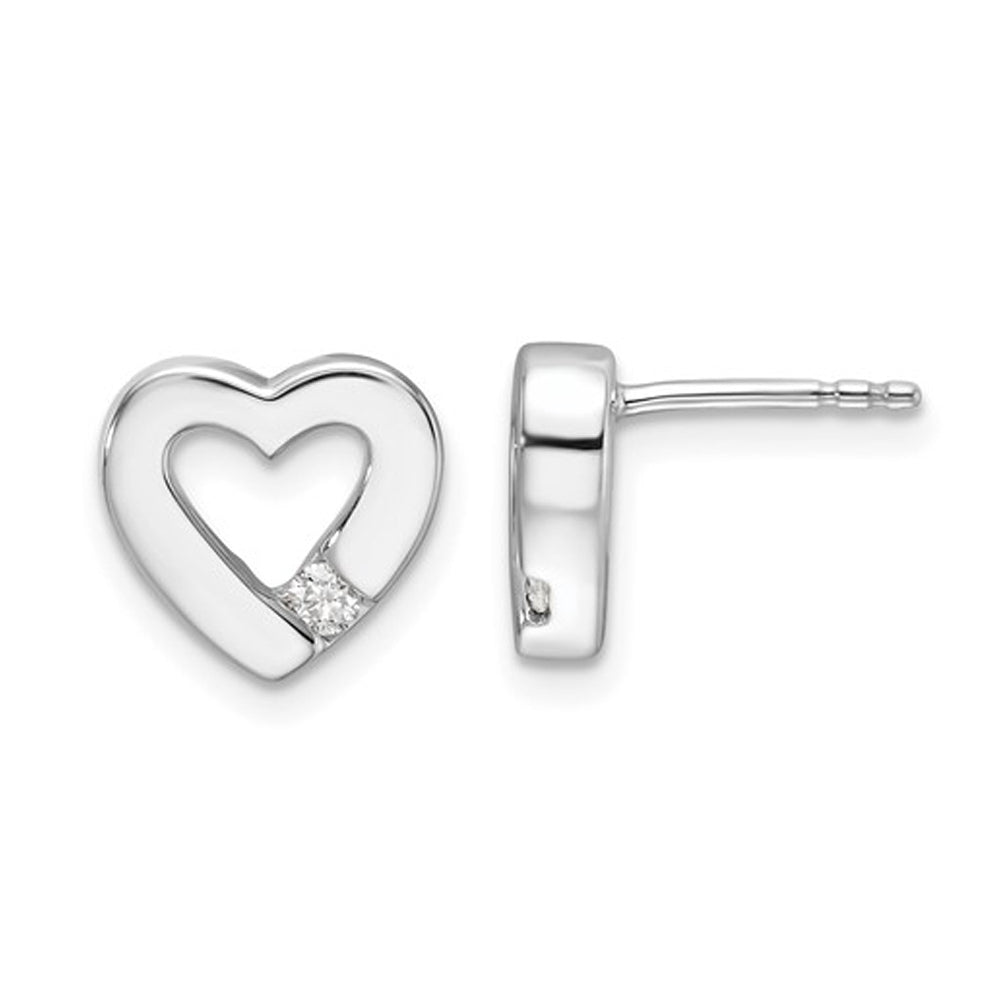 Sterling Silver Button Heart Post Earrings with Accent Diamond Image 1