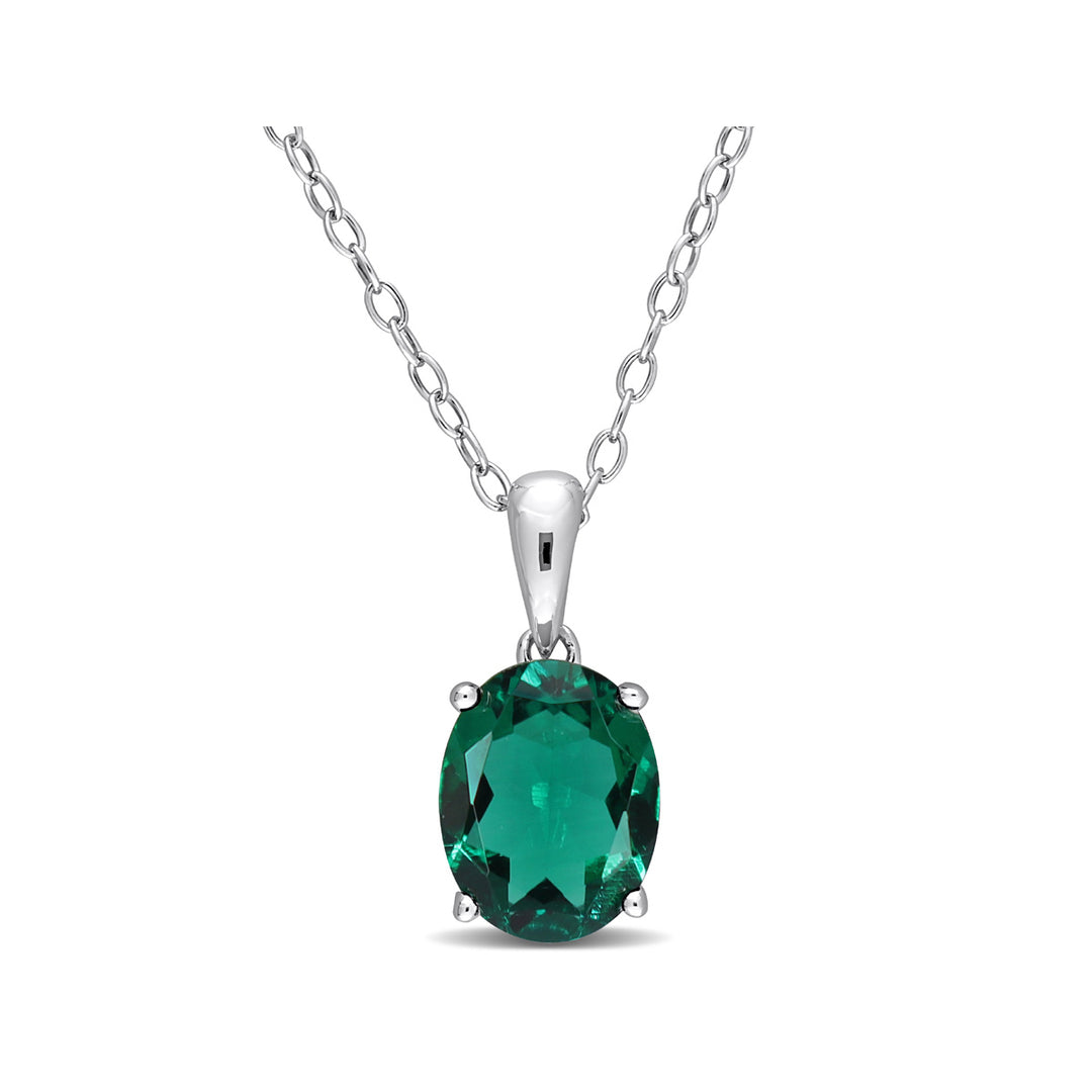 1.60 Carat (ctw) Lab-Created Emerald Solitaire Oval Pendant Necklace in Sterling Silver with Chain Image 1