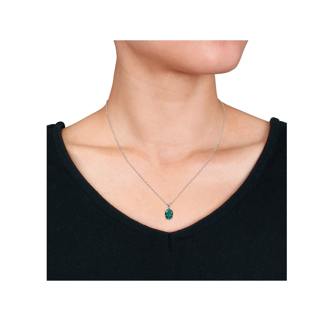 1.60 Carat (ctw) Lab-Created Emerald Solitaire Oval Pendant Necklace in Sterling Silver with Chain Image 2