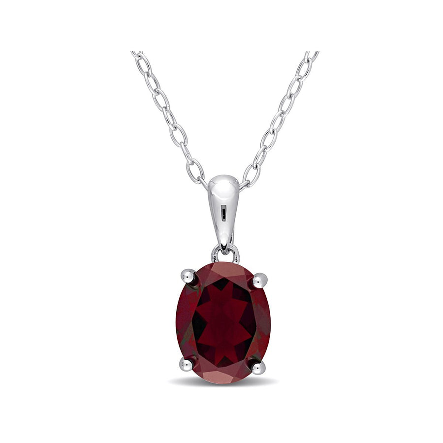 2.20 Carat (ctw) Garnet Solitaire Oval Pendant Necklace in Sterling Silver with Chain Image 1
