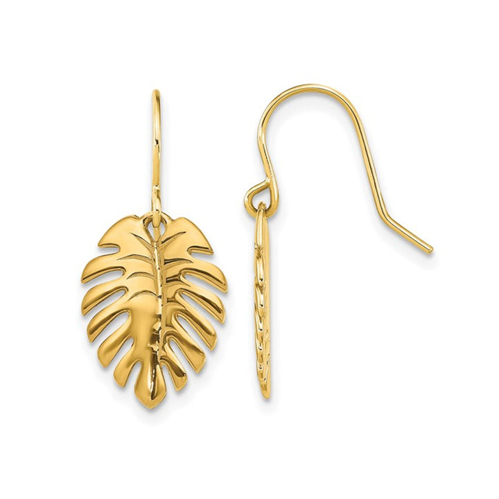 14K Yellow Gold Palm Leaf Dangle Earrings Image 1