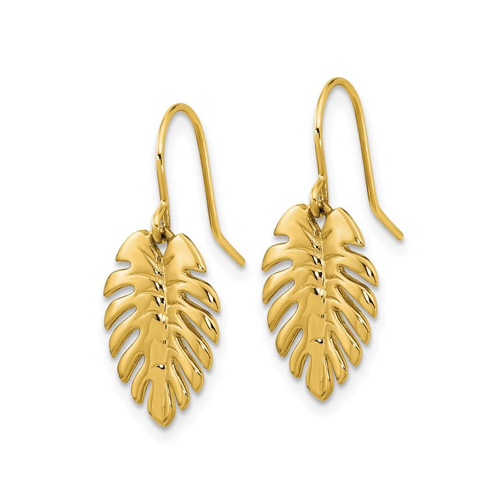 14K Yellow Gold Palm Leaf Dangle Earrings Image 2